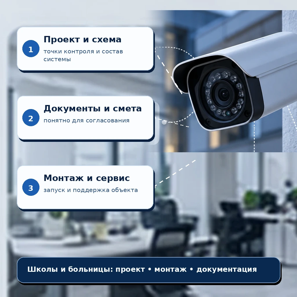 Иллюстрация первого экрана: Видеонаблюдение для школ, больниц и учреждений