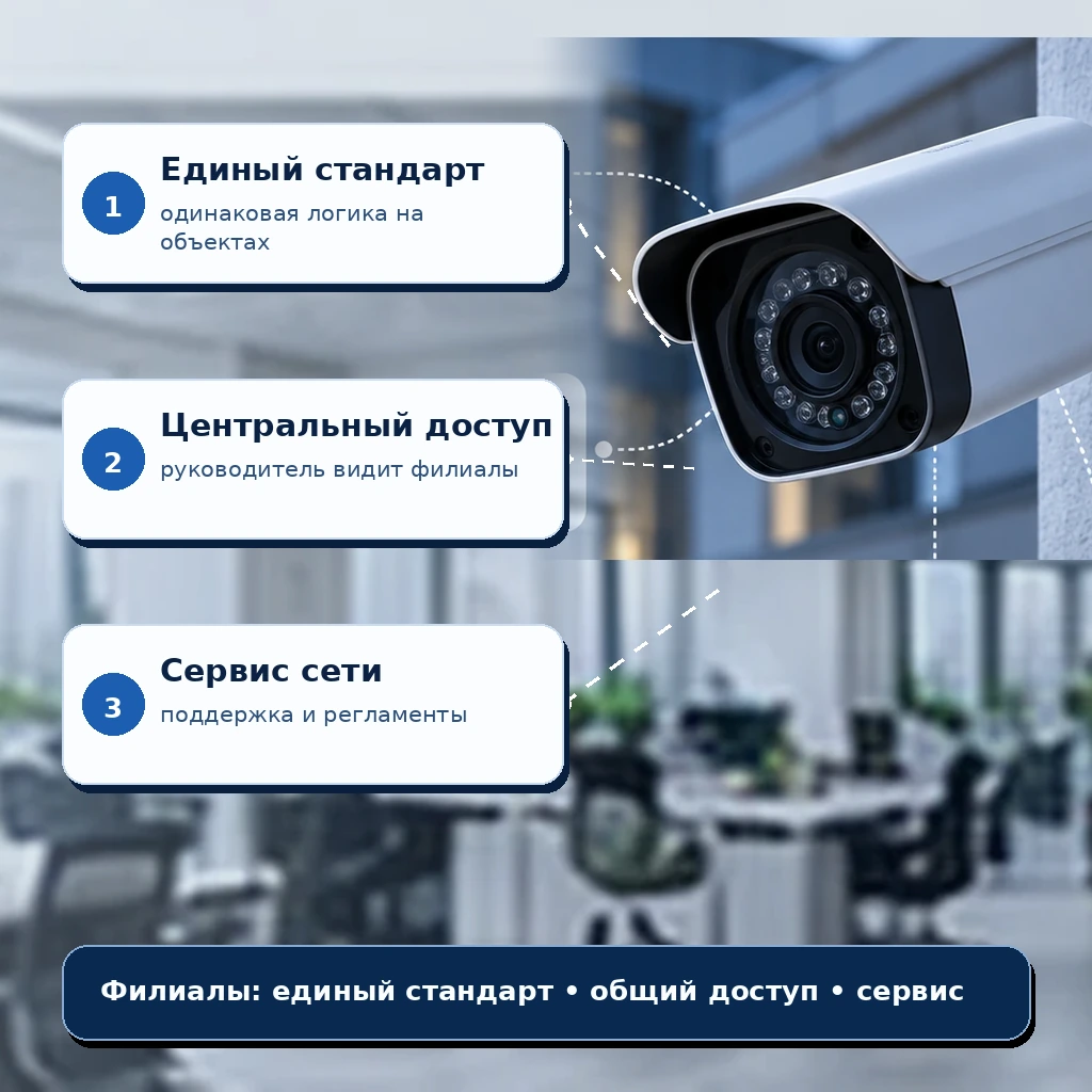 Иллюстрация первого экрана: Видеонаблюдение для сети филиалов и нескольких объектов